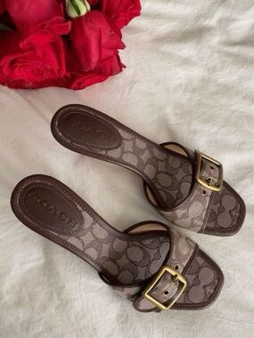 Viral COACH Women's Brown Signature Kitten Heel Sandals with Buckle